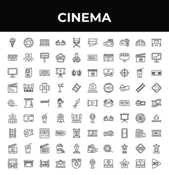 outline cinema icons set - dvd, film roll side view, dressing room. editable vector for web and mobile ui