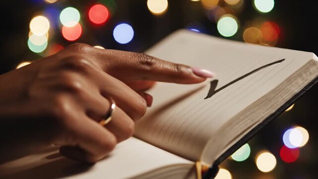 Woman's hand checking off task in planner with bokeh lights