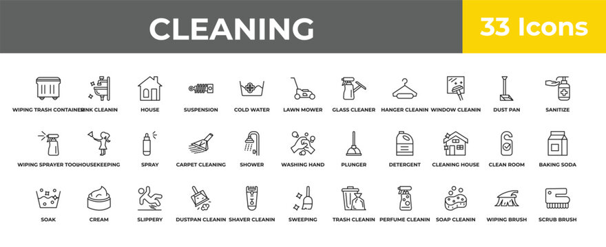outline cleaning icons set - spray, cream, scrub brush. editable vector for web and mobile ui