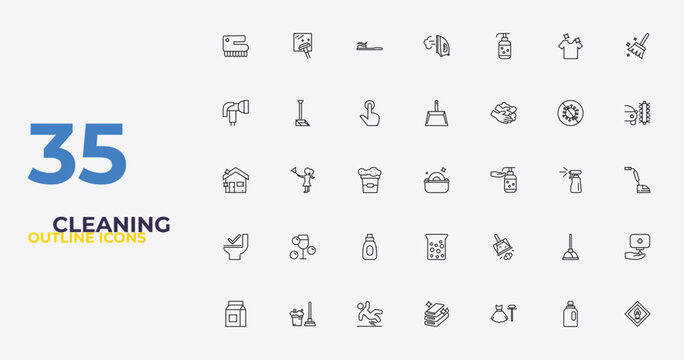outline cleaning icons set - wiping dustpan, dustpan cleanin, oxidizing agent. editable vector for web and mobile ui