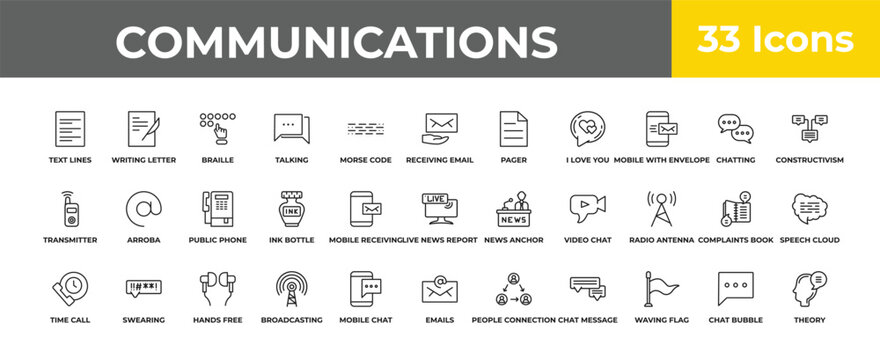 outline communications icons set - public phone, swearing, theory. editable vector for web and mobile ui