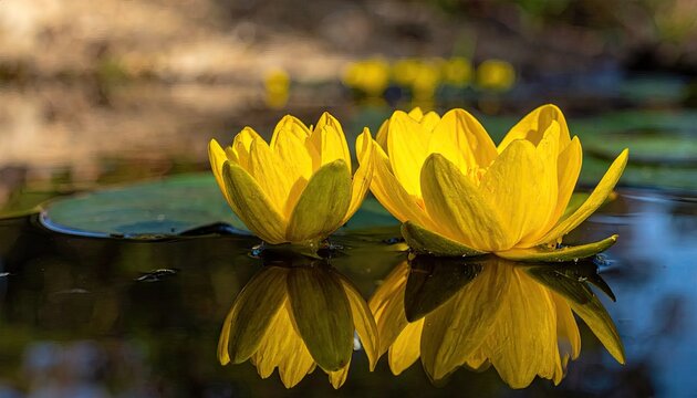 Close-up of vibrant yellow water lilies reflecting in a calm pond