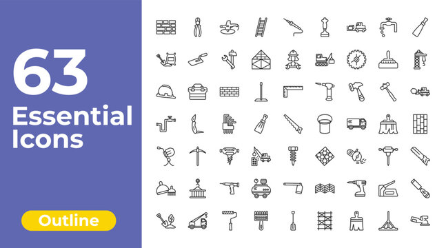 outline construction and tools icons set - ladder, mechanic working, chisel. editable vector for web and mobile ui