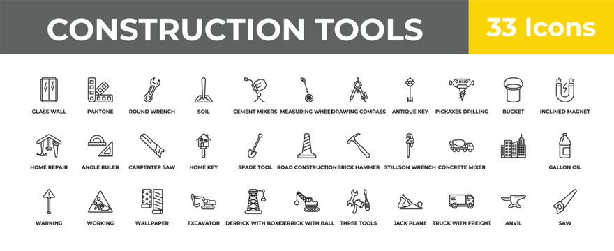 outline construction tools icons set - carpenter saw, working, saw. editable vector for web and mobile ui