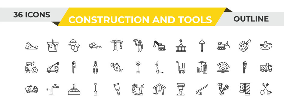 outline construction and tools icons set - derrick with ball, angle grinder, construction works. editable vector for web and mobile ui