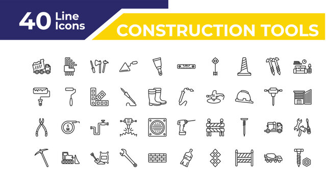 outline construction tools icons set - roller and paint, plier, pick axe. editable vector for web and mobile ui