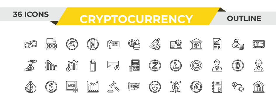 outline cryptocurrency icons set - sell, card, bonds. editable vector for web and mobile ui