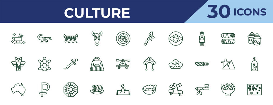 outline culture icons set - native american spear, native american totem, australian continent. editable vector for web and mobile ui