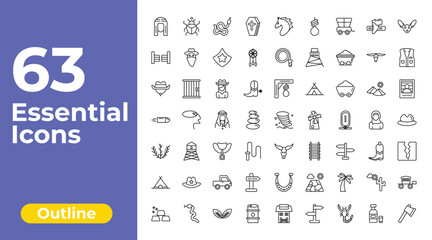 outline desert icons set - wooden coffin, cowboy whip, carriage. editable vector for web and mobile ui © IconArt
