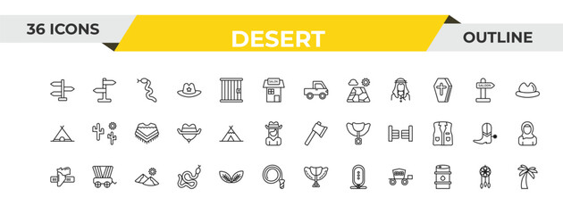 outline desert icons set - pick up, wigwam, dunes. editable vector for web and mobile ui © IconArt