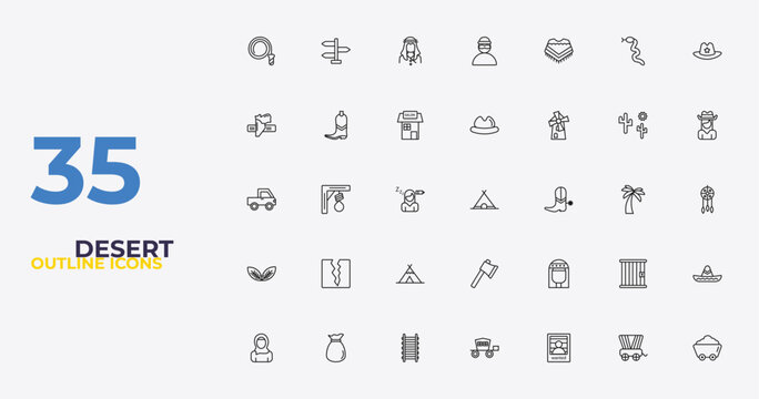 outline desert icons set - desert hat, cleopatra, mine. editable vector for web and mobile ui