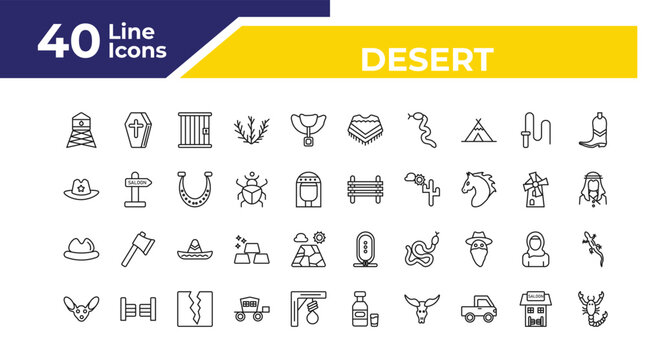 outline desert icons set - sheriff hat, desert hat, fennec. editable vector for web and mobile ui