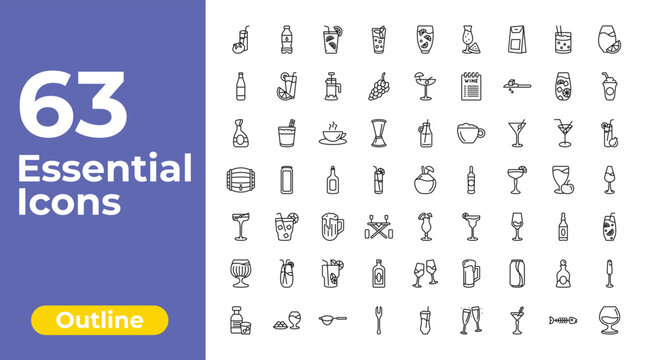 outline drinks icons set - mint julep, pink rose, french 75. editable vector for web and mobile ui