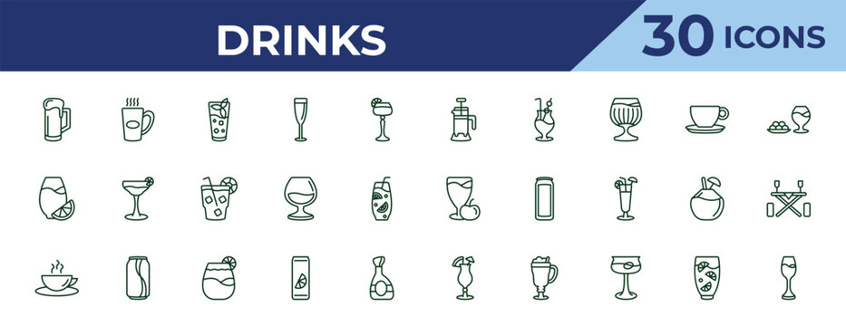 outline drinks icons set - french press, fruit juice, tea. editable vector for web and mobile ui