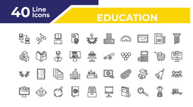 outline education icons set - baby abc cubes, laurel wreath, e learning. editable vector for web and mobile ui