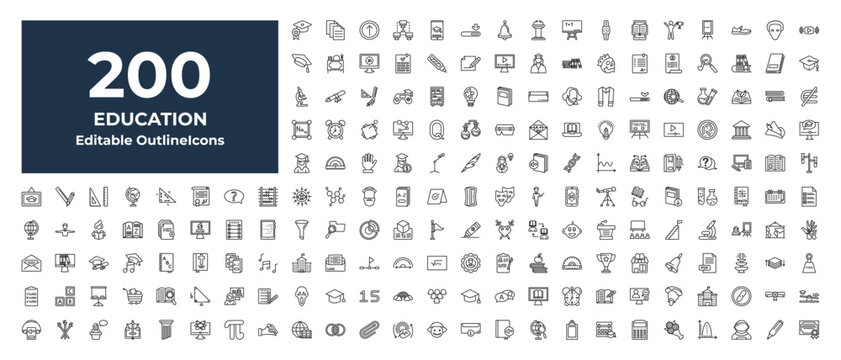 outline education icons set - woman with idea, graduation pictures, audiobook. editable vector for web and mobile ui