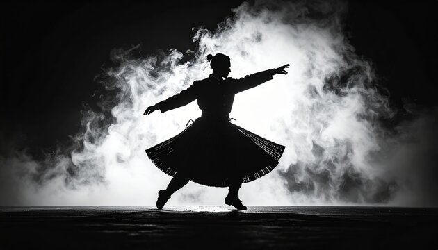 Silhouette of a Sufi whirling dervish dancing in smoke.
