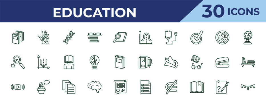 outline education icons set - gaussian function, sherlock holmes, streaming. editable vector for web and mobile ui