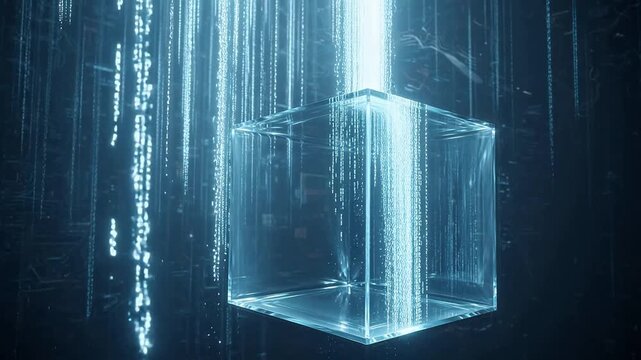 Glass cube with digital data streams emphasizing industrial strength and manufacturing