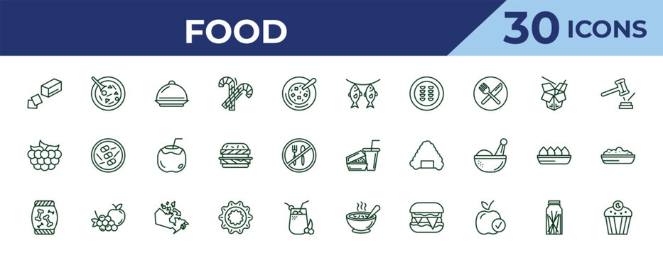 outline food icons set - dried fish, raspberry leaf, treats. editable vector for web and mobile ui