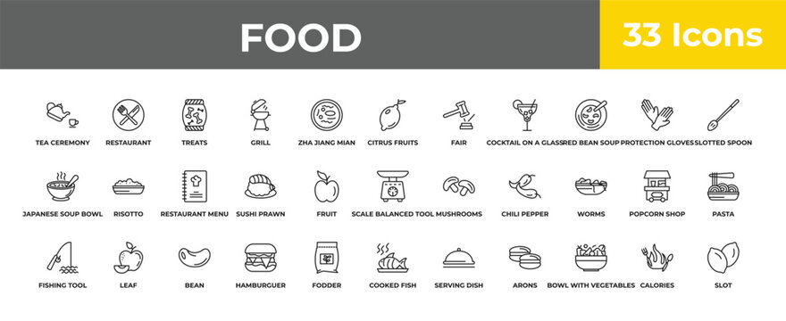 outline food icons set - restaurant menu, leaf, slot. editable vector for web and mobile ui