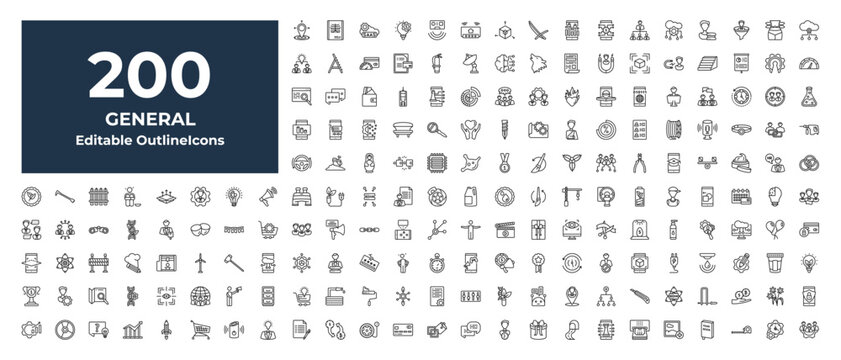 outline general icons set - number one medal, go green badge, patience. editable vector for web and mobile ui