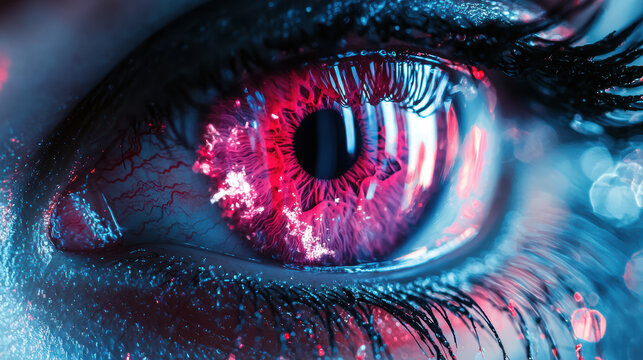 A close up of a human eye with a bright red iris and intricate details in vibrant colors, creating a mesmerizing and somewhat unsettling visual experience.