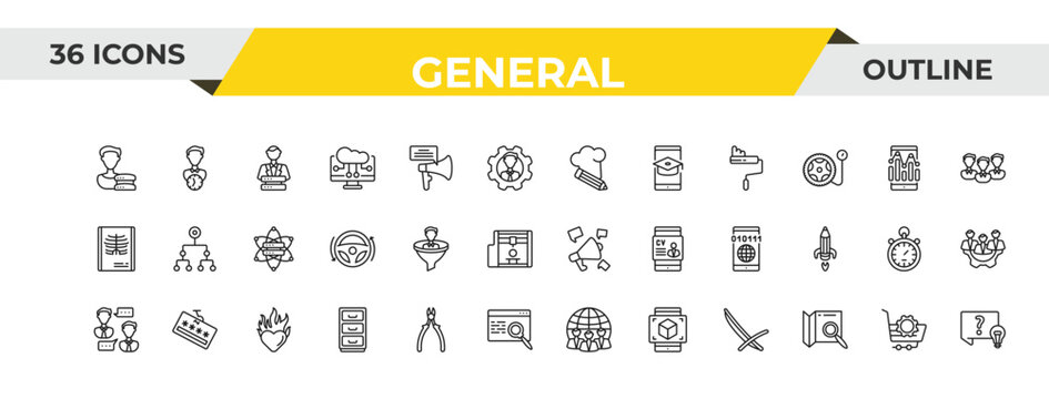 outline general icons set - chef hat with a pencil, lead conversion, heart in flames. editable vector for web and mobile ui