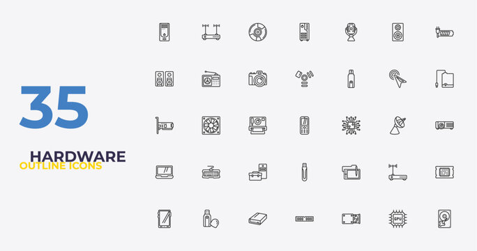 outline hardware icons set - firewire, wacom, harddrive. editable vector for web and mobile ui