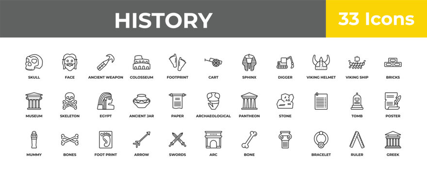 outline history icons set - egypt, bones, greek. editable vector for web and mobile ui