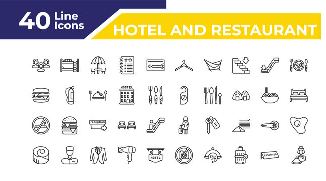 outline hotel and restaurant icons set - sandwich, no smoking, cinnamon roll. editable vector for web and mobile ui
