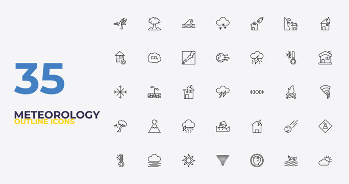 outline meteorology icons set - windy earth, broken roof, weather. editable vector for web and mobile ui