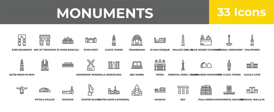 outline monuments icons set - , potala palace, medieval walls in avila. editable vector for web and mobile ui