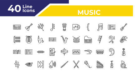 outline music icons set - bracket, eight note rest, natural. editable vector for web and mobile ui © IconArt