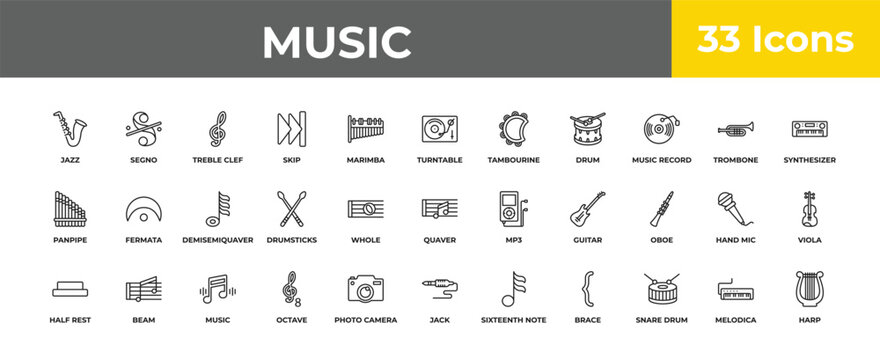 outline music icons set - demisemiquaver, beam, harp. editable vector for web and mobile ui