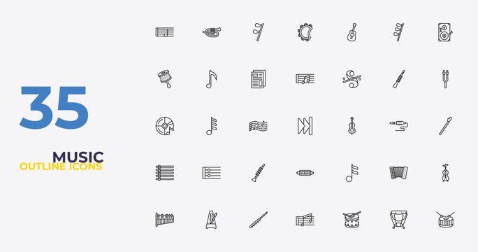 outline music icons set - quaver, sixteenth note, snare drum. editable vector for web and mobile ui