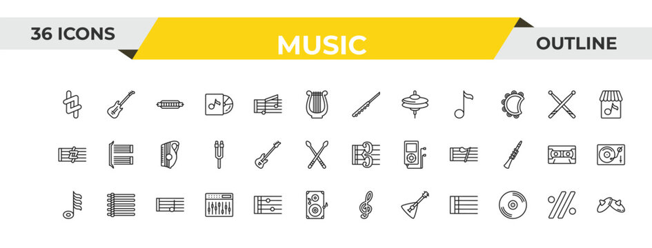 outline music icons set - flute, bass guitar, half note. editable vector for web and mobile ui