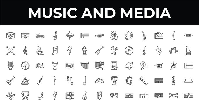 outline music and media icons set - repeat, harpsichord, thirty second note rest. editable vector for web and mobile ui