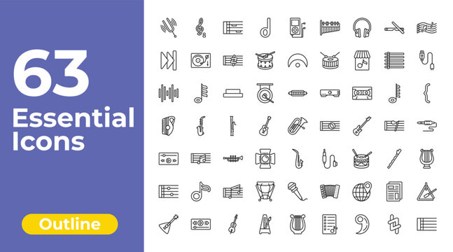 outline music and media icons set - minim, fermata, music triangle. editable vector for web and mobile ui