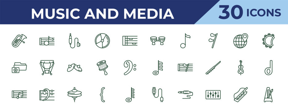 outline music and media icons set - bongo, image archive, quaver. editable vector for web and mobile ui