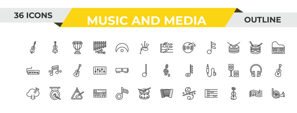 outline music and media icons set - bass clef, amplifier, music triangle. editable vector for web and mobile ui