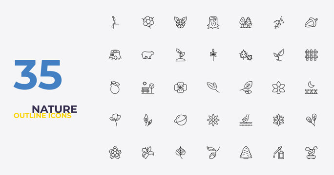 outline nature icons set - sprig with five leaves, sow, bonsai tree. editable vector for web and mobile ui