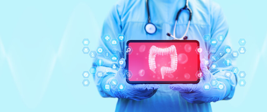 Doctor holding a tablet. Medical AI in colorectal health, telemedicine, and digital diagnosis with early detection of diverticular disease and clinical monitoring. Digital and modern gut health.