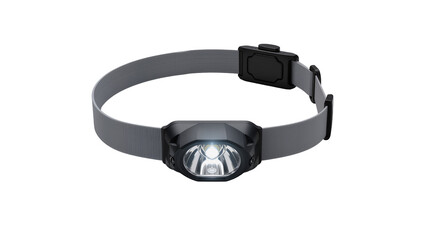 Black LED headlamp with grey fabric strap illuminated lens, isolated on transparent background © Luca