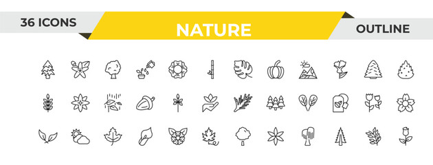 outline nature icons set - philodendron, sprig with five leaves, maple. editable vector for web and mobile ui © IconArt