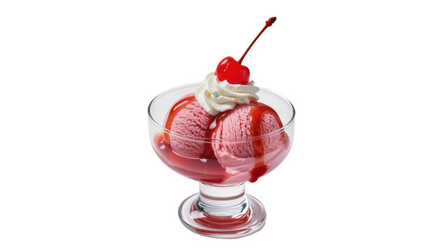 Pink strawberry ice cream scoops with cherry topping and whipped cream, isolated on transparent background