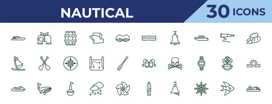 outline nautical icons set - salt water, windsurf board, watercraft. editable vector for web and mobile ui