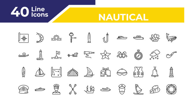 outline nautical icons set - trireme, suroard, captain hat. editable vector for web and mobile ui