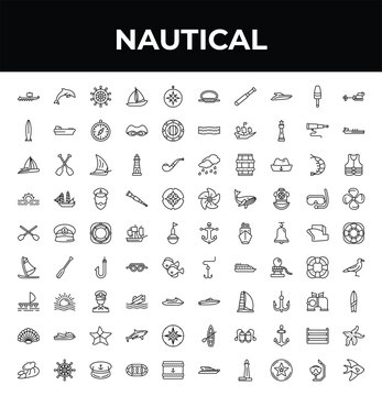 outline nautical icons set - one suroard, seaworthy, ocean waves. editable vector for web and mobile ui