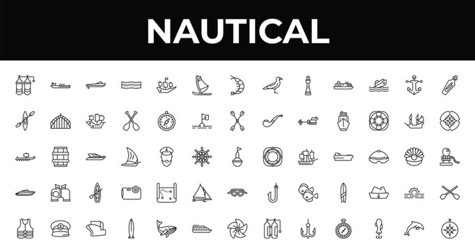 outline nautical icons set - windsurf board, compass, one suroard. editable vector for web and mobile ui